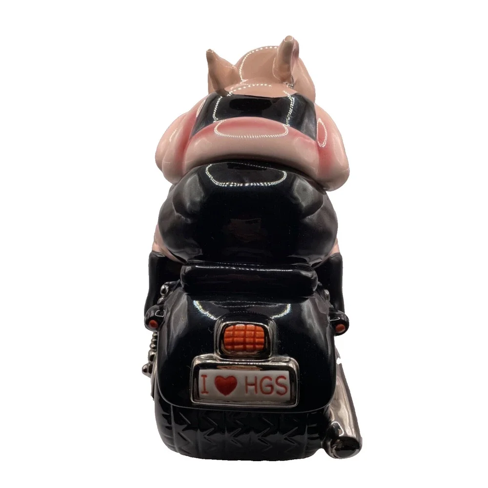 Vintage Hand Painted Biker Hogs Cookie Jar Ceramic Pigs on Motorcycle Clay Art